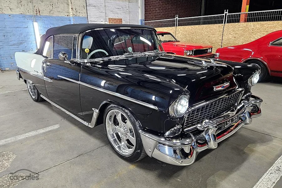 Black and pearl white 1955 Chevrolet Bel Air convertible